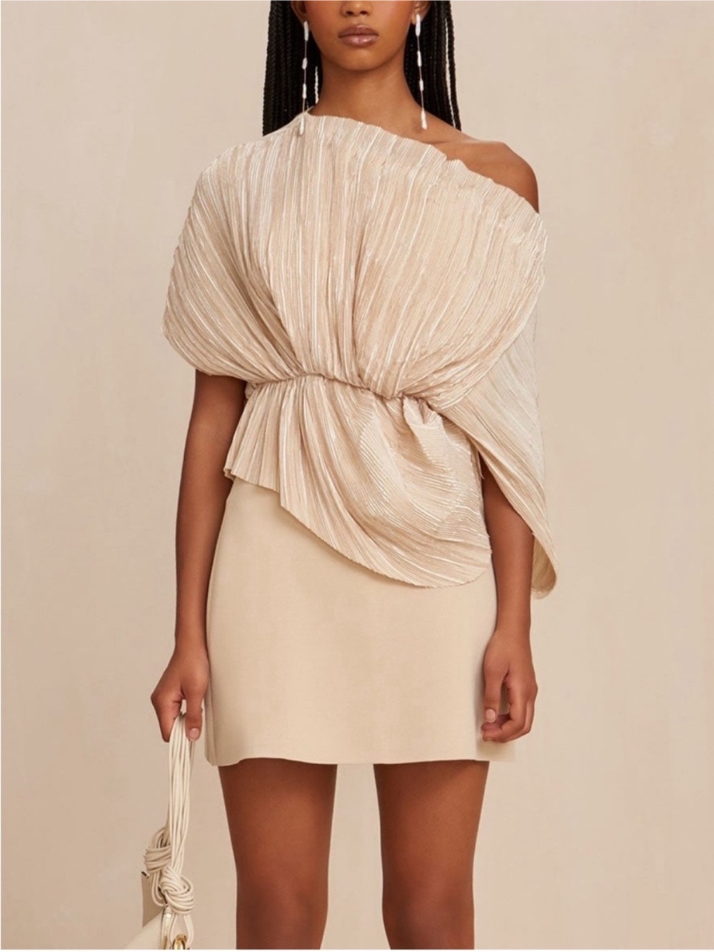 Cult Gaia Cami Plisse Pleated Asymmetric One Shoulder Satin Top Cream Size Large